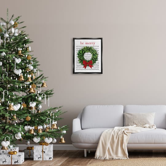 Stupell Industries Be Merry Holiday Music Wreath Framed Floater Canvas Wall Art